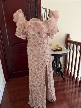 Blush Pink Beaded Off-Shoulder Evening Gown